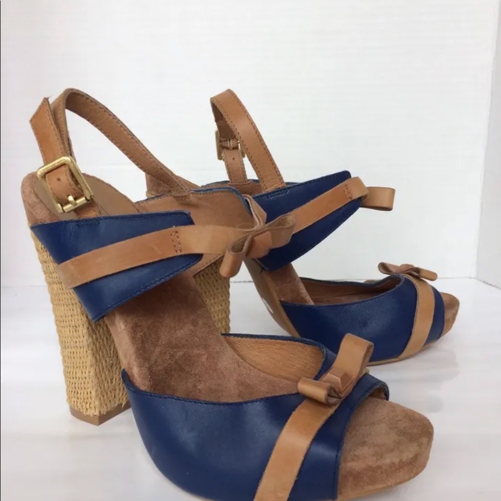 New Juicy Couture Women Block Heel Peep Toe Leather Raffia Navy Blue 9 Shoes